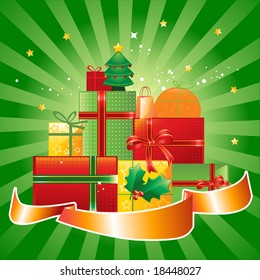 stack of Christmas presents and ornaments on green background, vector illustration