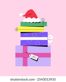 A stack of Christmas presents with a Santa Claus hat on top. Greeting text on the tag ''Merry Christmas''. Trendy vector illustration for holiday invitations, posters, or banners