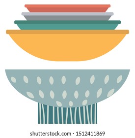 Stack of clay pots isolated flat style kitchen utensils. Vector household crockery, terracotta pottery. Several ceramic earthenware flowerpots, food bowls