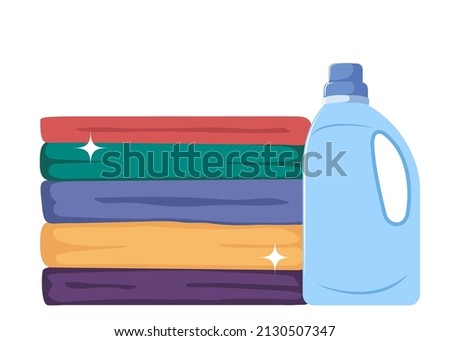 Stack of clean clothes and bottle of fabric softener gel. Pile of neatly folded shirts, t shirts, jeans, trousers, dresses. Washed clothes. Housekeeping, cleanliness concept. Flat vector illustration