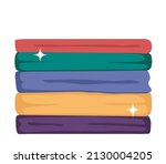 Stack of clean clothes. Pile of neatly folded shirts, t shirts, jeans, trousers, dresses. Washed clothes. Housekeeping, cleanliness concept. Flat vector illustration