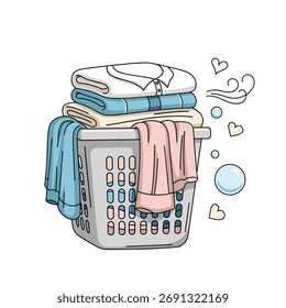 Uma pilha de roupas limpas e dobradas fica em um cesto de roupas com aroma de amaciador de tecido flutuando.