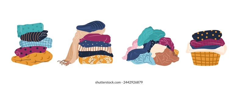 Stack of clean, ironed and dirty items of clothing. Set of folded multicolored clothes, apparel and garments, including sweaters, plaid, shirts, blanket. Isolated vector illustrations on white.