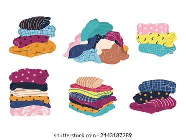 Stack of clean, ironed and dirty items of clothing. Set of folded multicolored clothes, apparel and garments, including sweaters, plaid, shirts, blanket. Isolated vector illustrations on white.