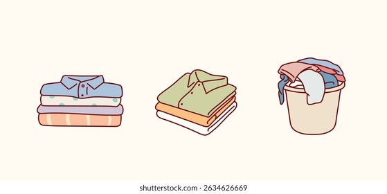 Stack of clean, ironed and dirty items of clothing. Set of folded multicolored clothes, apparel and garments, including sweaters, plaid, shirts, blanket. Hand drawn style vector design illustrations.