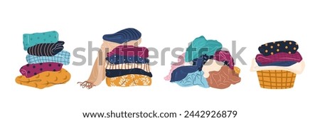 Stack of clean, ironed and dirty items of clothing. Set of folded multicolored clothes, apparel and garments, including sweaters, plaid, shirts, blanket. Isolated vector illustrations on white.