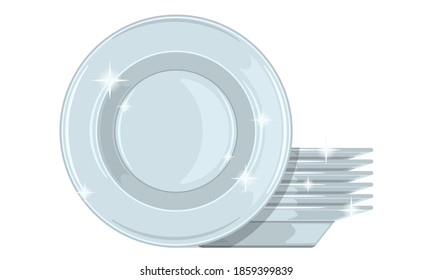 Pila de platos limpios aislados sobre fondo blanco. Ilustración vectorial de estilo de caricatura realista