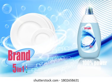 Stack of clean plates in soap foam and bubblies with cleanser bottle. Realistic dishware for dishwashing detergent advertising design. Vector