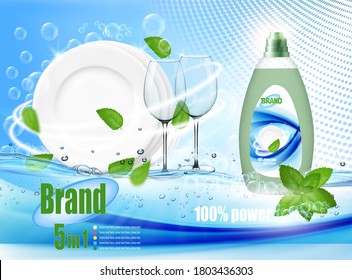 Stack of clean plates and two glasses  in soap foam and bubblies with cleanser bottle. Realistic dishware  for dishwashing detergent advertising design. Vector