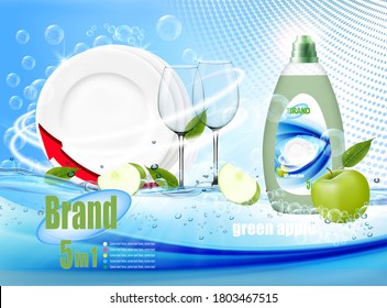 Stack of clean plates and two glasses  in soap foam and bubblies with cleanser bottle with a green apple. Realistic dishware  for dishwashing detergent advertising design. Vector