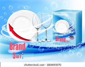 Stack of clean plates and two glasses  in soap foam and bubblies and packing with dishwasher detergent tabs. Realistic dishware  for dishwashing detergent advertising design. Vector