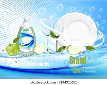 Pila de platos limpios, dos vasos con espuma de jabón y burbujas y dispensador de limpieza con aroma de manzana verde. Disfraces realistas para el diseño publicitario de detergente lavavajillas. Vector