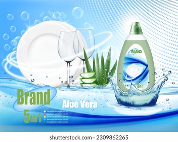 Stack of clean plates and two glasses  in soap foam and bubblies with cleanser bottle with a aloe vera. Realistic dishware  for dishwashing detergent advertising design. Vector