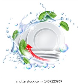 Stack Of Clean Plates In Water Splash With Green Leaves For Dishwashing Detergent Ad. Vector Restaurant Dishes Mockup. Realistic Dishware In Liquid Explosion, Stacked Kitchen Tableware.