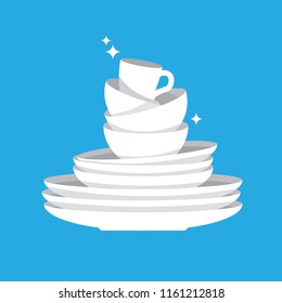 Stack of clean shiny dishes on blue background. White kitchen household cutlery after wash. Detergent label design template. Vector illustration.