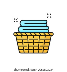 Stack Of Clean Towels In Laundry Basket Isolated Color Line Icon. Vector Wicker Basket With Clean Cotton Towels. Spa And Bathroom Objects, Toiletries. Folded And Rolled Cloth For Washing And Cleaning