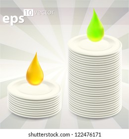 Stack Of Clean Washed Plates As Comparison Of Two Dishwashing Liquids, Eps10 Vector Illustration