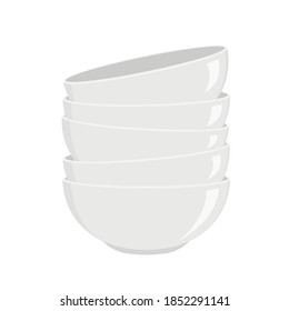 Stack of clean white bowls for soup or salad isolated on white background. Washed kitchen dishware. Vector illustration.