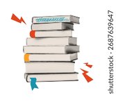 Stack of closed books halftone art collage cut out element. Retro mixed media vector illustration isolated on transparent background.