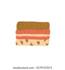 Stack of clothes and cozy blanket isolated on white background. Pile of winter season garments. Vector flat illustration