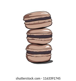 Stack of coffee colored macaron, macaroon cakes, sketch style vector illustration isolated on white background. Stack, pile of colorful almond macaron, macaroon biscuits, sweet and beautiful dessert