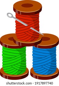 Stack of Coil and skein of red, blue and green threads. Crafts and Hobbies. Clothing manufacturing and needlework. Flat cartoon. Embroidery and needle.