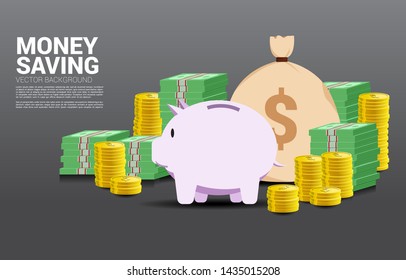 stack of coin and banknote with money bag and piggy bank. Concept of success investment and money saving.