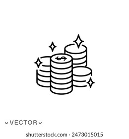 stack coin icon, money pile, financial loan, income in dollars, silhouette currency, thin line symbol isolated on white background, editable stroke eps 10 vector illustration