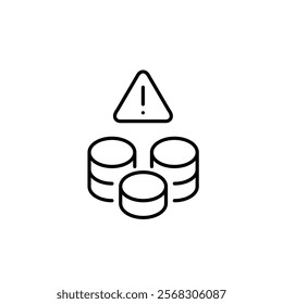 Stack of coins, alert message. Exclamation mark in triangle. Financial warning, monetary transactions danger. Pixel perfect vector icon