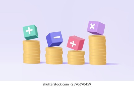 Stack coins with analysis calculation grow education invest financial and business accounting budget economics on pastel background. symbol colorful math, plus, minus, multiplication. 3d vector design