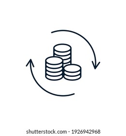 A stack of coins, an arrow in a circle. The concept of currency exchange, cash back, quick loan, return, fund management, financial services, return on investment, stock market. Vector icon isolated o