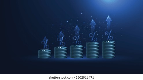 Stack of coins with arrow up icons and percentage on a dark blue background. The concept of Financial investment,trend growing stock market, Profit return, Dividend.Digital Vector Illustration. 