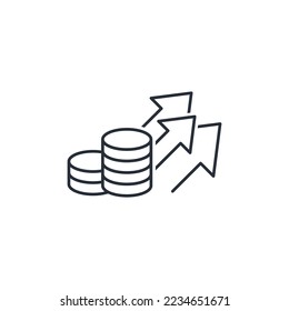 Stack of coins and up arrows. Additional finance. Vector linear icon isolated on white background.