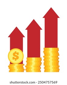 A Stack of Coins with Arrows Growing Income. Growing income and trading concept vector