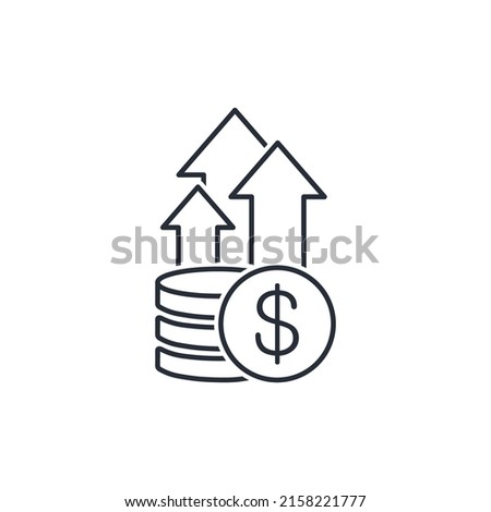 Stack of coins and up arrows. A perspective, developing financial direction. Vector linear icon isolated on white background