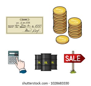 A stack of coins, a bank check, a calculator, black gold. Money and finance set collection icons in cartoon style vector symbol stock illustration web.