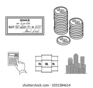 A stack of coins, a bank check, a calculator, black gold. Money and finance set collection icons in outline style vector symbol stock illustration web.