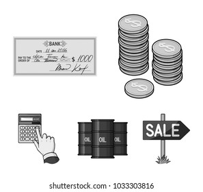A stack of coins, a bank check, a calculator, black gold. Money and finance set collection icons in monochrome style vector symbol stock illustration web.