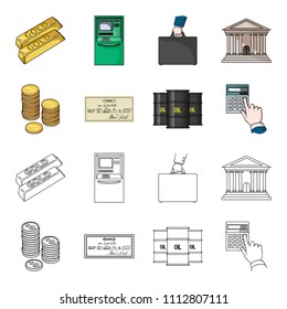 A stack of coins, a bank check, a calculator, black gold. Money and finance set collection icons in cartoon,outline style vector symbol stock illustration web.