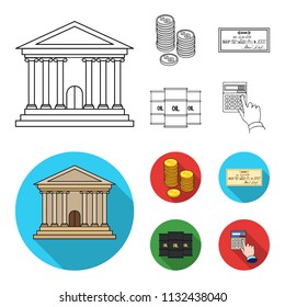 A stack of coins, a bank check, a calculator, black gold. Money and finance set collection icons in outline,flat style vector symbol stock illustration web.