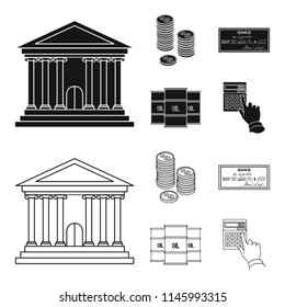 A stack of coins, a bank check, a calculator, black gold. Money and finance set collection icons in black,outline style vector symbol stock illustration web.