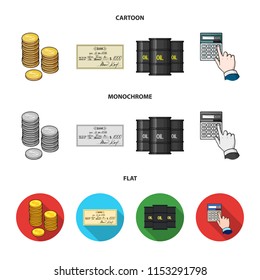 A stack of coins, a bank check, a calculator, black gold. Money and finance set collection icons in cartoon,flat,monochrome style vector symbol stock illustration web.