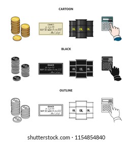 A stack of coins, a bank check, a calculator, black gold. Money and finance set collection icons in cartoon,black,outline style vector symbol stock illustration web.