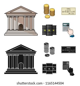 A stack of coins, a bank check, a calculator, black gold. Money and finance set collection icons in cartoon,black style vector symbol stock illustration web.