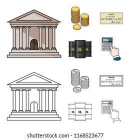 A stack of coins, a bank check, a calculator, black gold. Money and finance set collection icons in cartoon,outline style vector symbol stock illustration web.