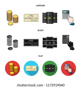 A stack of coins, a bank check, a calculator, black gold. Money and finance set collection icons in cartoon,black,flat style vector symbol stock illustration web.