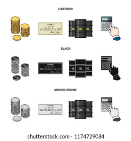 A stack of coins, a bank check, a calculator, black gold. Money and finance set collection icons in cartoon,black,monochrome style vector symbol stock illustration web.