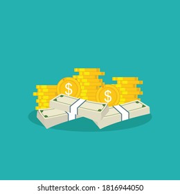 Stack of coins and banknotes isolated on green background. creative financial design concepts. vector illustration in flat style