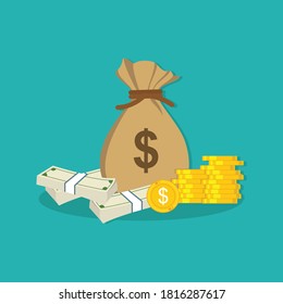 Stack of coins, banknotes and money bag isolated on green background. creative concept design. Money saving icon. Vector illustration design in flat style
