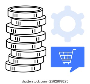 Stack of coins beside gear and shopping cart icons signifying e-commerce, automation, and financial transactions. Ideal for online shopping, business, economy, finance, technology, digital payments